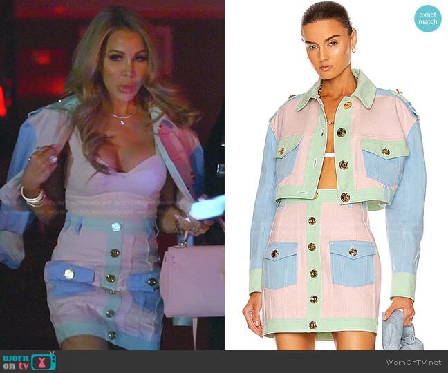 Balmain Cropped Patchwork Denim Jacket worn by Lisa Hochstein (Lisa Hochstein) on The Real Housewives of Miami