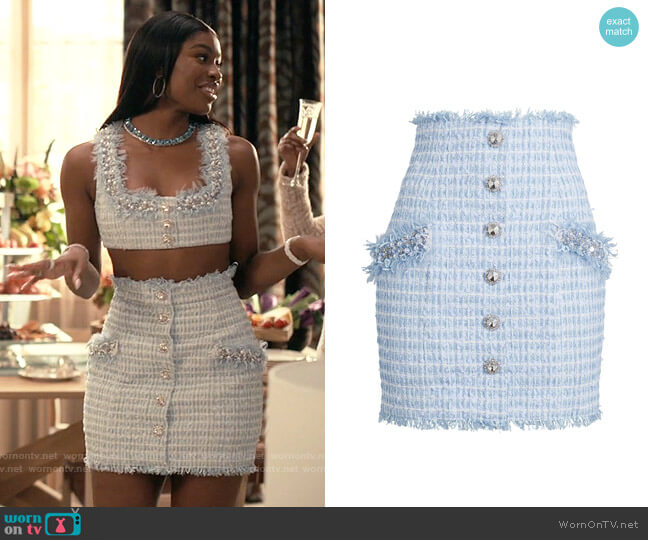 Balmain Tweed Mini Skirt worn by Hilary Banks (Coco Jones) on Bel-Air