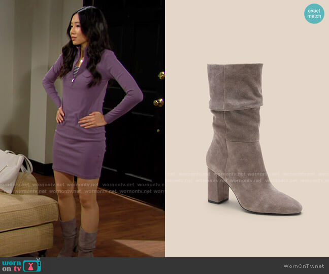 Banana Republic Midshaft Suede Slouchy Boot in Taupe worn by Allie Nguyen (Kelsey Wang) on The Young and the Restless
