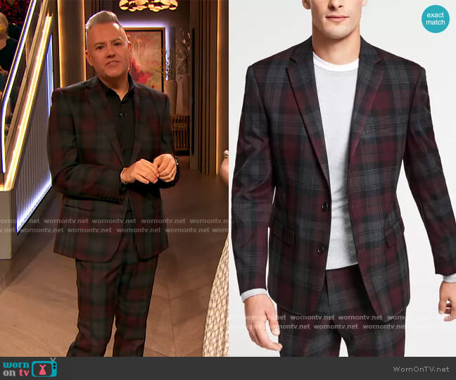 Bar III Slim-Fit Burgundy Plaid Suit Jacket worn by Ross Mathews on The Drew Barrymore Show