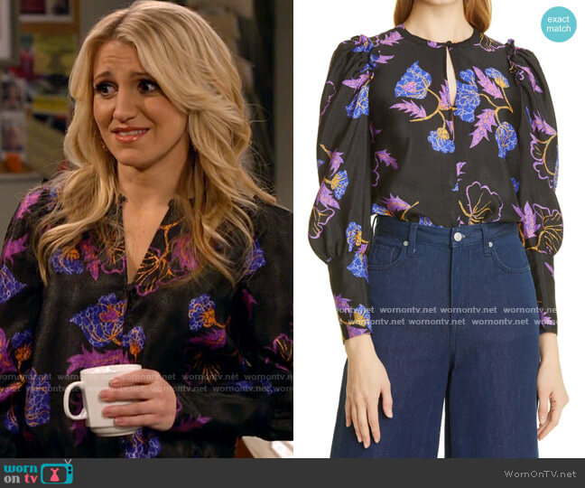 Baum und Pferdgarten Mitzy Floral Keyhole Blouse in Black Ginko worn by Gina Dabrowski (Annaleigh Ashford) on B Positive