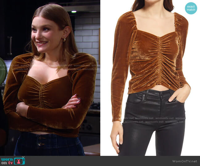 BB Dakota by Steve Madden Ruched Velvet Top worn by Alice Caroline Horton (Lindsay Arnold) on Days of our Lives