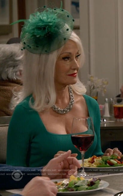 Bette’s green square neck knit top on B Positive