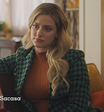 Betty’s blue printed blazer and brown ribbed sweater on Riverdale