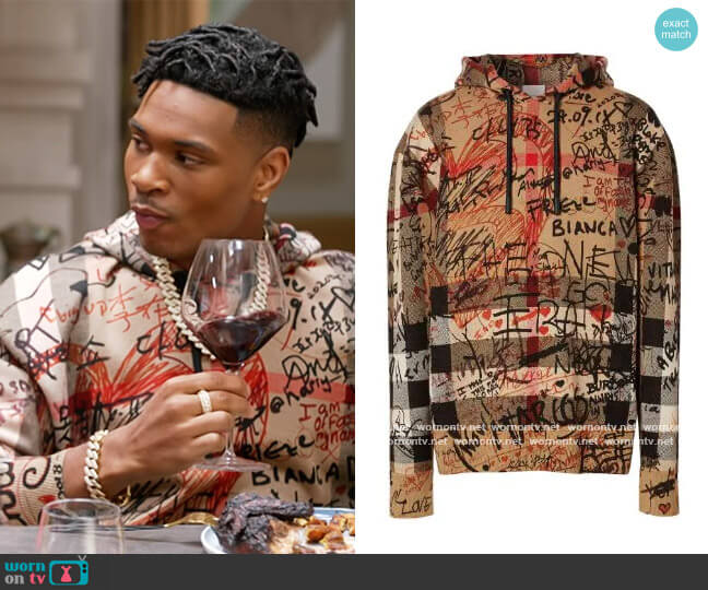 Burberry Graffiti-print checked hoodie worn by Christian King (Ashlee Brian) on The Kings of Napa