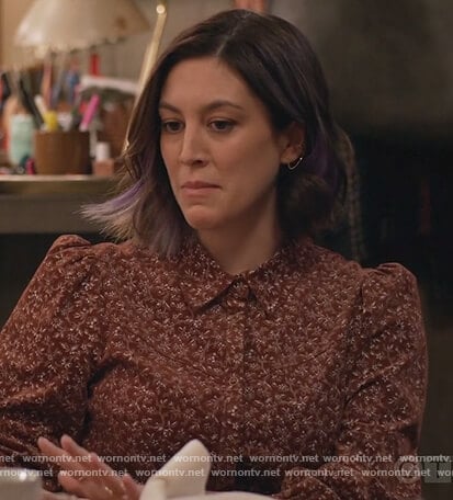 Sarah’s burgundy floral print blouse on Home Economics