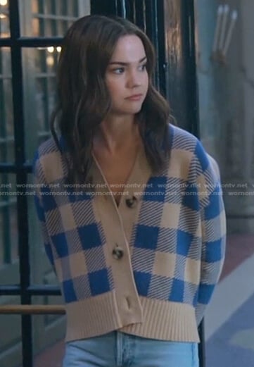 Callie’s blue and beige check cardigan on Good Trouble
