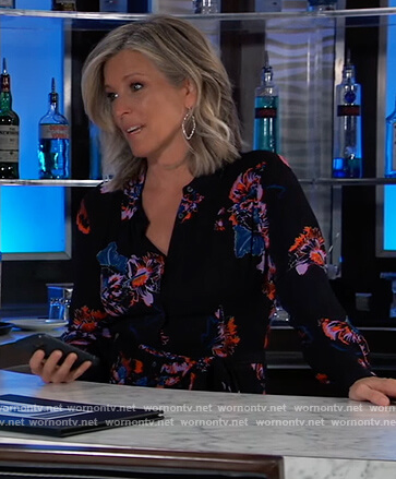 Carly’s navy floral shirtdress on General Hospital