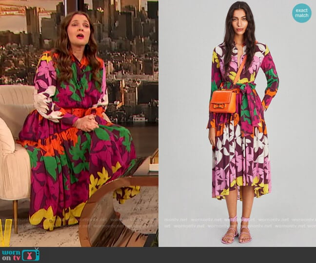 Carolina Herrera Printed Crepe Shirtdress worn by Drew Barrymore on The Drew Barrymore Show