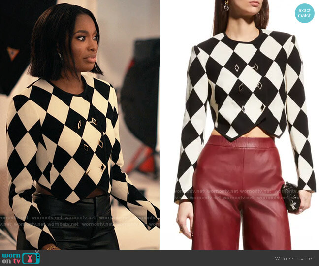 Casablanca Harlequin Diamond Crop Blazer Jacket worn by Hilary Banks (Coco Jones) on Bel-Air