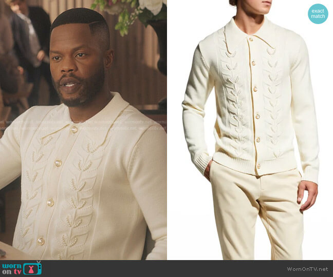 Casablanca Pearl Leaf Cardigan Sweater worn by Jeff Colby (Sam Adegoke) on Dynasty