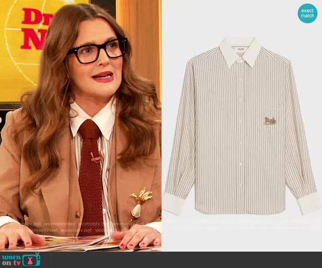 Celine Loose Shirt in Striped Silk Blouse worn by Drew Barrymore on The Drew Barrymore Show