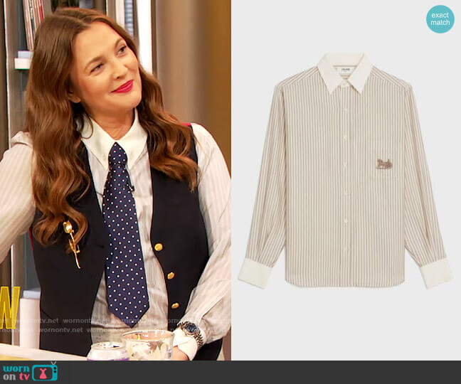 Celine Loose Shirt in Striped Silk Blouse worn by Drew Barrymore on The Drew Barrymore Show