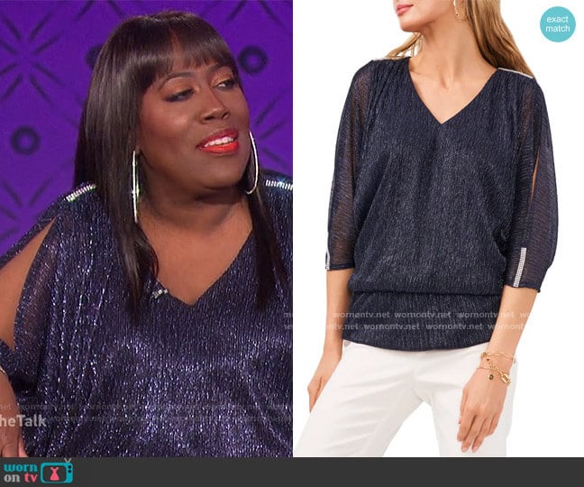 Chaus Metallic Split Sleeve Top worn by Sheryl Underwood on The Talk