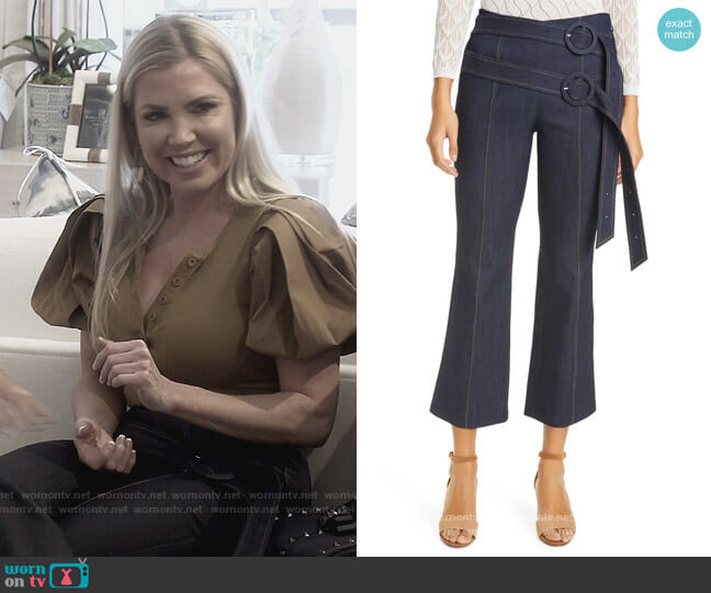 Cinq a Sept Jessi Double Belt Crop Kick Flare Denim Pants worn by Dr. Jen Armstrong on The Real Housewives of Orange County