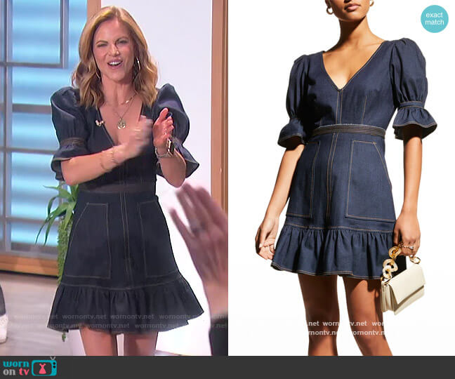 Cinq a Sept Natasha Puff-Sleeve Denim Mini Dress worn by Natalie Morales on The Talk