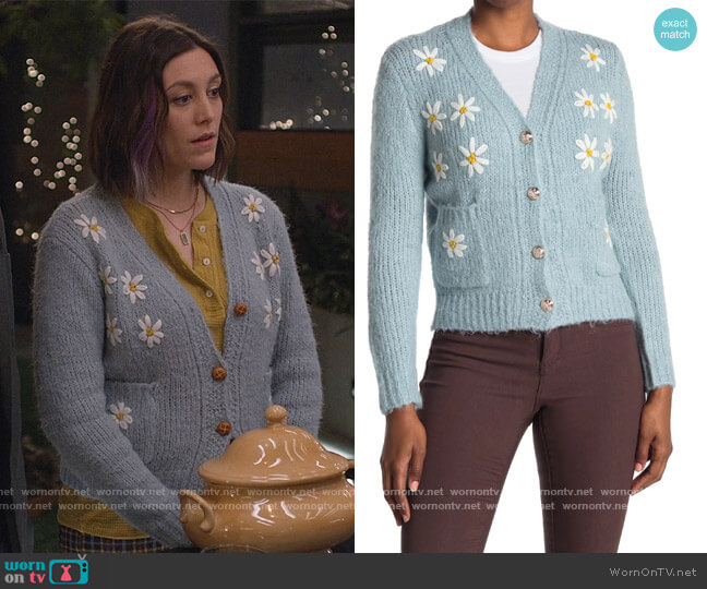 Cliche Daisy Embroidered Knit Cardigan worn by Sarah (Caitlin McGee) on Home Economics