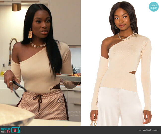 Cult Gaia Teri Knit Top in Sand worn by Hilary Banks (Coco Jones) on Bel-Air