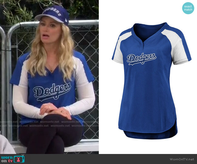 Los Angeles Dodgers Fanatics Branded Royal/White Iconic League Diva Raglan V-Neck T-Shirt worn by Gemma (Beth Behrs) on The Neighborhood