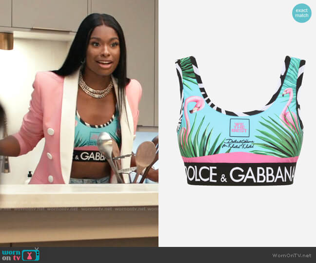 Dolce & Gabbana Flamingo Print Top with Branded Elastic worn by Hilary Banks (Coco Jones) on Bel-Air