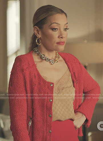 Dominique’s red distressed tweed jacket on Dynasty