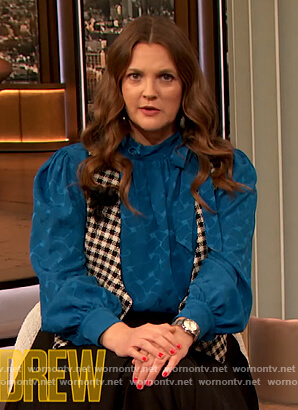 Drew’s blue satin tie neck blouse on The Drew Barrymore Show
