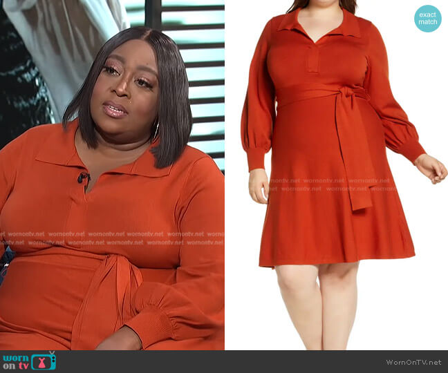 Eliza J Tie Waist Split Neck Long Sleeve Sweater Dress worn by Loni Love on E! News