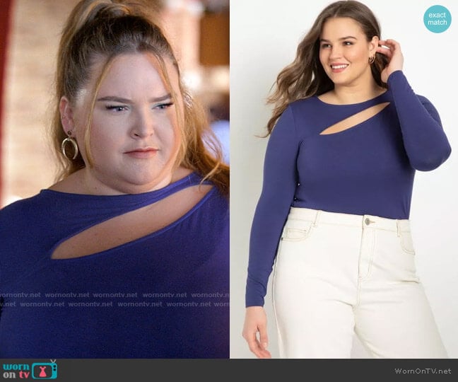Eloquii Long Sleeve Cutout Tee in Blue Ribbon worn by Felicia O'Brien (Lily Mae Harrington) on Single Drunk Female
