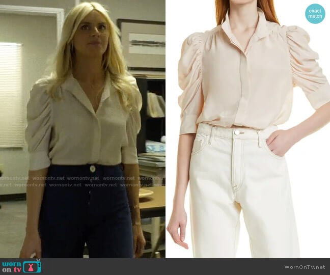 Frame Gillian Top in Rose worn by Amy (Eliza Coupe) on Pivoting