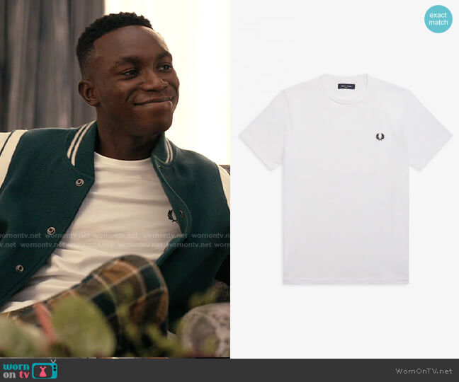 Fred Perry Ringer T-shirt in White worn by Carlton Banks (Olly Sholotan) on Bel-Air