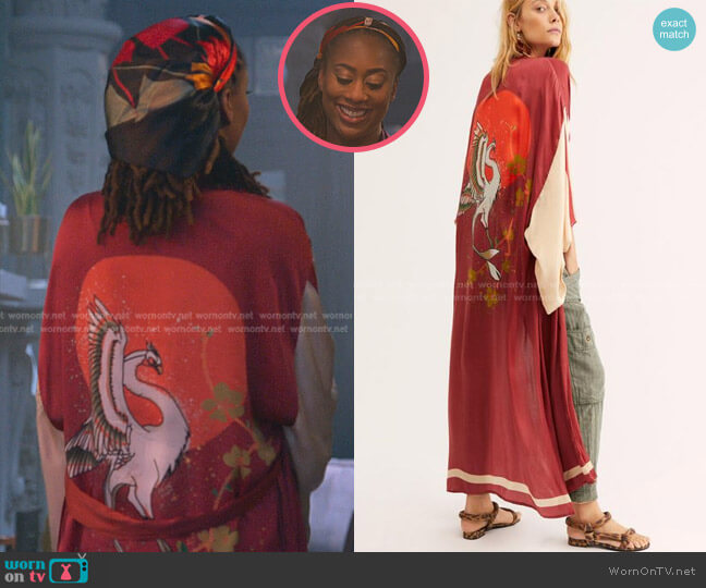 Free People Rising Sun Maxi Kimono in Rouge Combo worn by Malika Williams (Zuri Adele) on Good Trouble