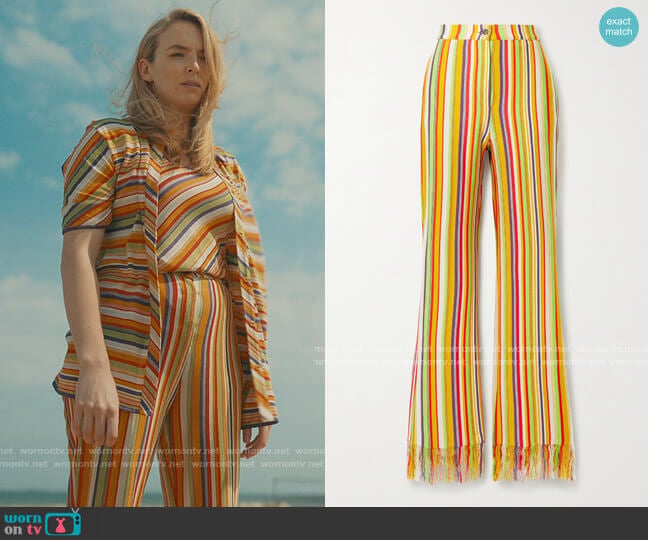 Kenneth Ize Fringed striped silk and cotton-blend straight-leg pants worn by Villanelle (Jodie Comer) on Killing Eve