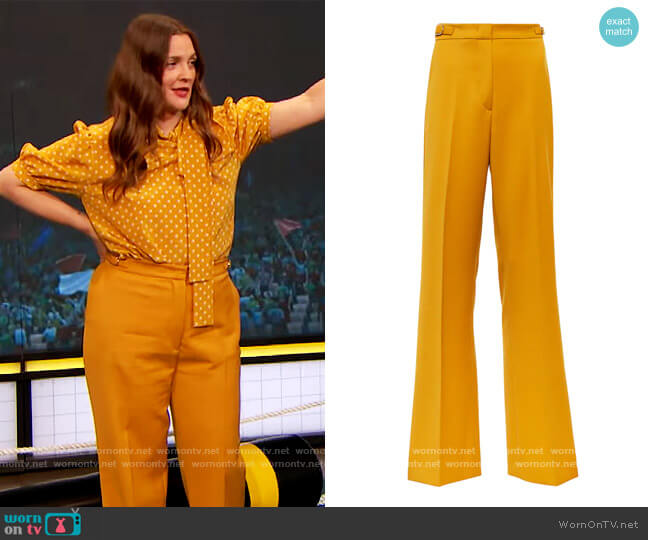 Gabriela Hearst Vesta high-rise flared pants worn by Drew Barrymore on The Drew Barrymore Show