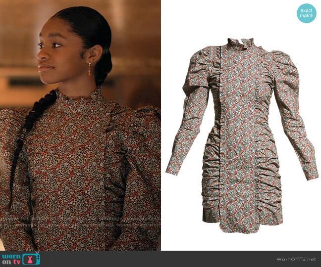 Ganni Printed Cotton Poplin Gathered Dress worn by Ashley Banks (Akira Akbar) on Bel-Air