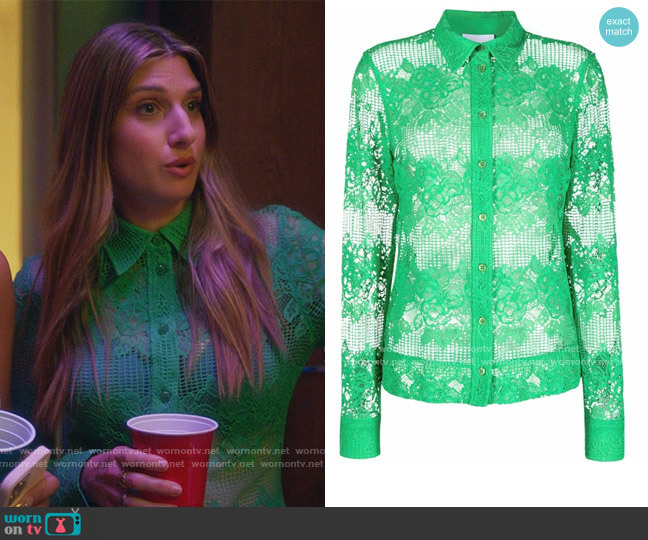 Ganni Floral-lace sheer shirt worn by Nomi Segal (Emily Arlook) on Grown-ish