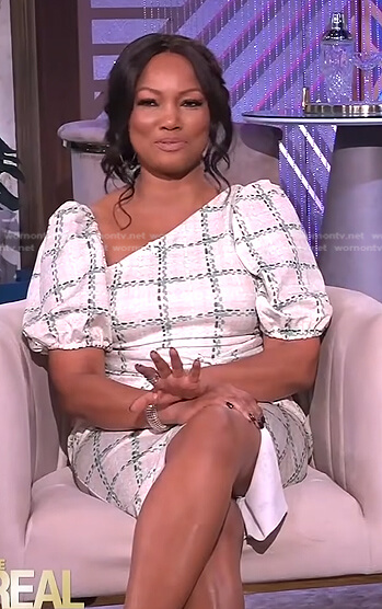 Garcelle’s white check puff sleeve dress on The Real
