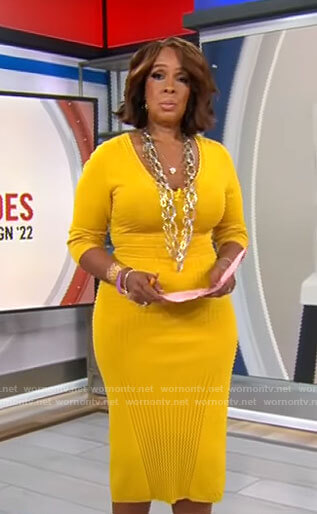 Gayle’s yellow ribbed v-neck dress on CBS Mornings