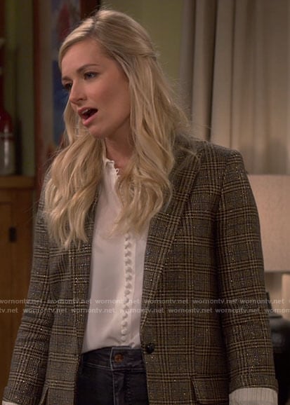 Gemma’s white button up blouse and plaid blazer on The Neighborhood