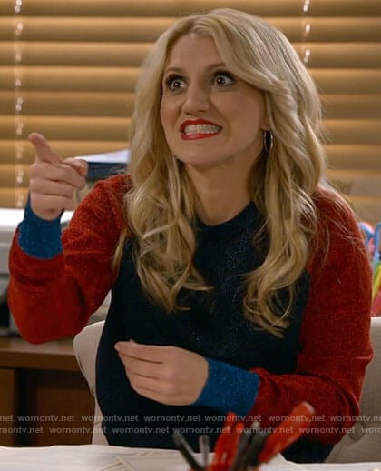 Gina’s metallic colorblock sweater on B Positive