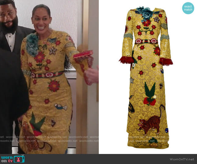 Gucci Yellow Lace Embroidered Dress worn by Rainbow Johnson (Tracee Ellis Ross) on Black-ish