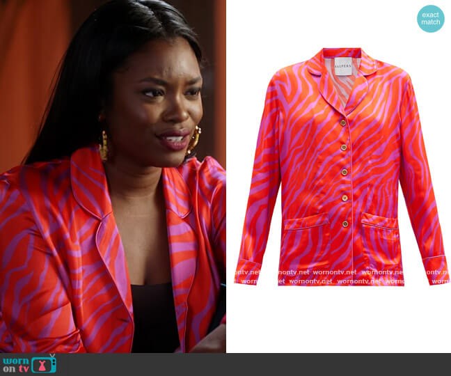 Halpern Zebra-print satin shirt worn by August King (Ebonee Noel) on The Kings of Napa