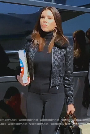 Heather’s black monogram print jacket on The Real Housewives of Orange County