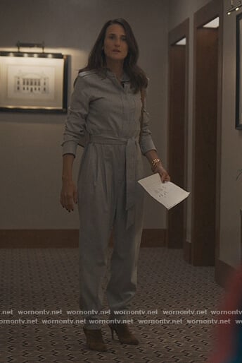 Helene’s gray tie waist jumpsuit on Killing Eve