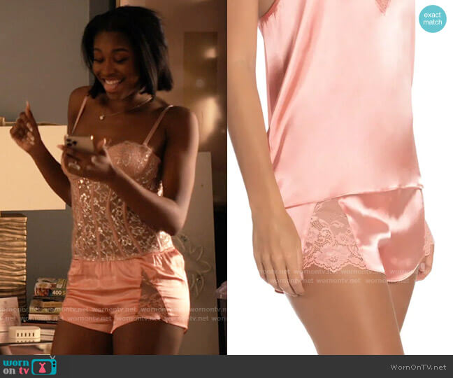 In Bloom by Jonquil Grace Short Satin Pajamas in Soft Coral worn by Hilary Banks (Coco Jones) on Bel-Air