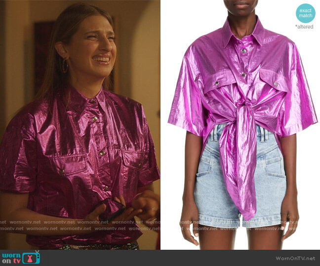 Isabel Marant Giliggy Metallic Tie Front Cotton Shirt worn by Nomi Segal (Emily Arlook) on Grown-ish