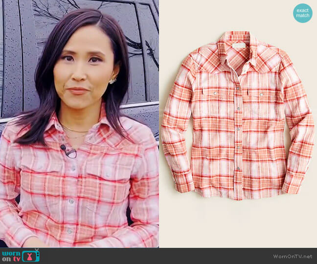 J. Crew Slim-Fit Western Shirt in blush tartan flannel worn by Vicky Nguyen on Today