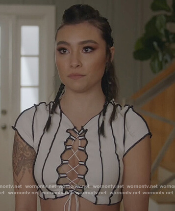 Jamie’s white cropped lace-up top on All American
