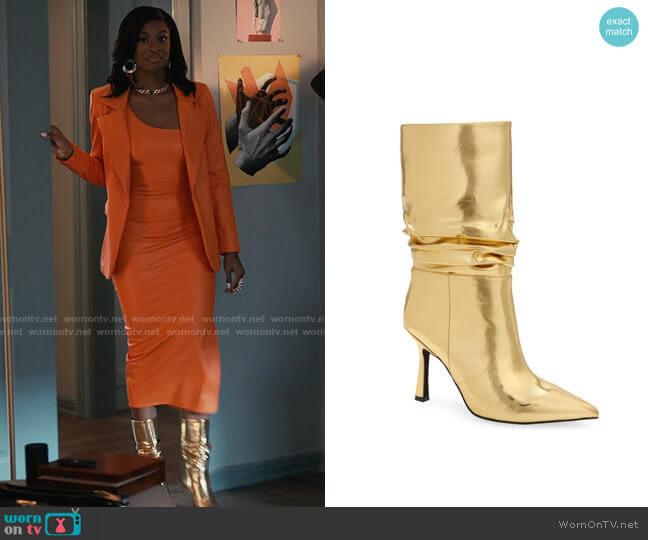 Jeffrey Campbell Guillo Boot in Gold worn by Hilary Banks (Coco Jones) on Bel-Air