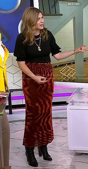 Jenna’s black top and orange velvet skirt on Today