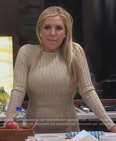 Jens’ beige ribbed midi dress on The Real Housewives of Orange County